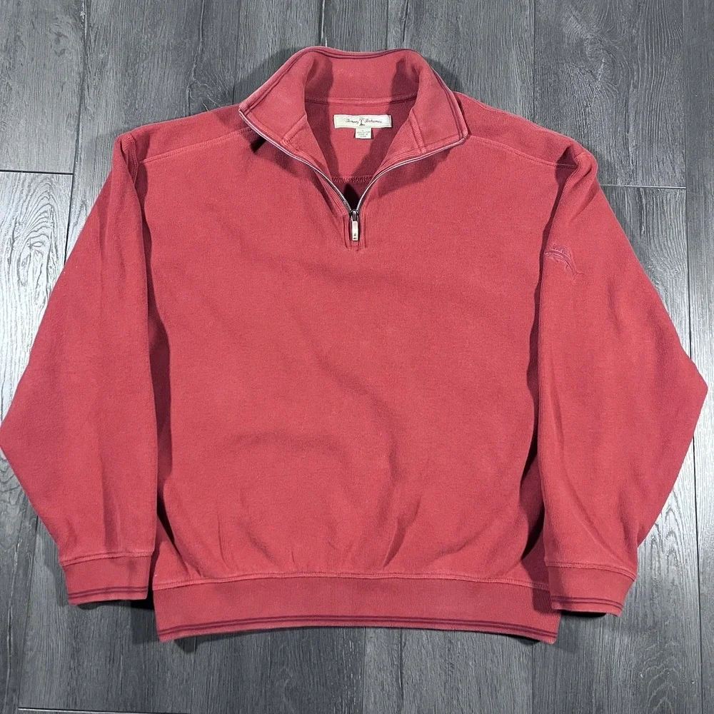 Tommy Bahama 1/4 Zip Sweater Men Large Burnt Orange Pullover Knit Mock Neck Golf